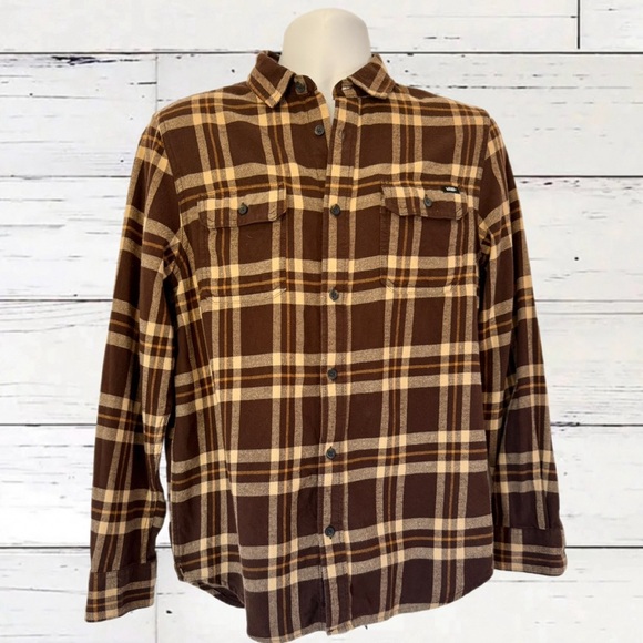 Vans Men’s Flannel Shirt (Small) | Brown Tan Plaid Long Sleeve Button-Up | 2022 - Picture 1 of 13